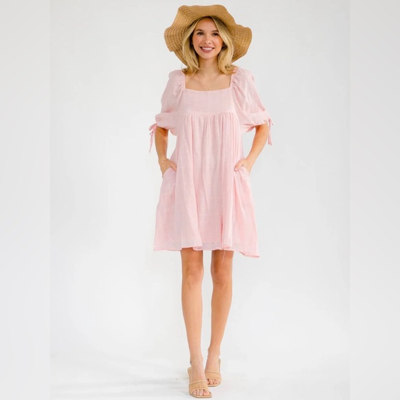 099 • Light Pink Babydoll Mini Dress | Bow Tie Puff Sleeves Cotton Summer Dress - Picture 3 of 6